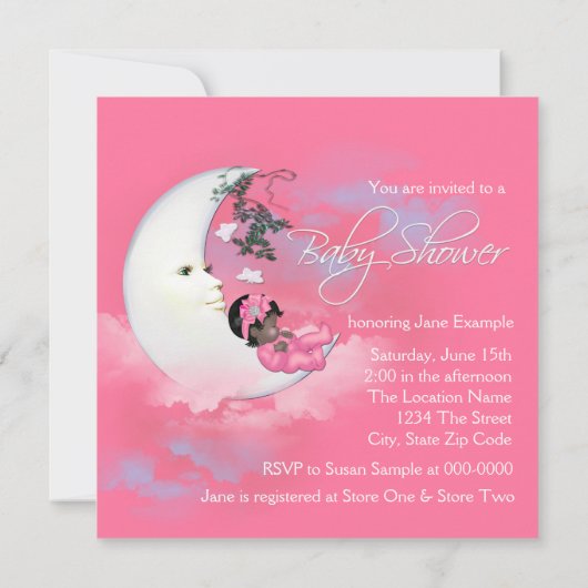 愛らしいピンクのムーンベビーガールシャワー 招待状 (裏面)