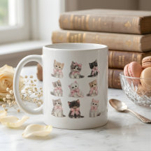 愛らしいピンクのリボンを付けた子猫 かわいい猫好きのコーヒー 