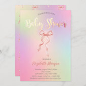 愛らしいピンクの弓ホログラフィックベビーシャワー 招待状 (正面/裏面)