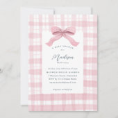 愛らしいピンクの水彩チェックとリボンのベイビーシャワー 招待状 (正面)