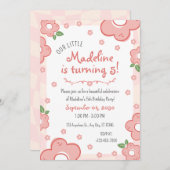 愛らしいピンクの花の誕生日パーティーへの招待 招待状 (正面/裏面)