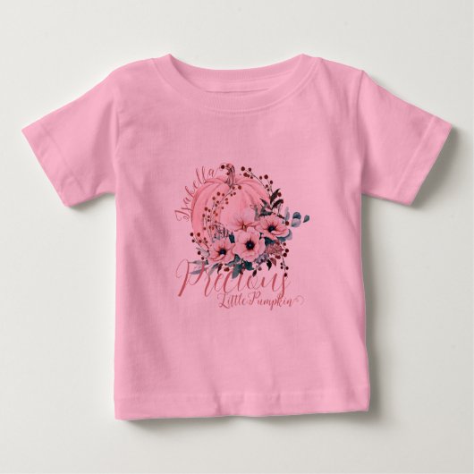 愛らしいピンクの花の飾り付きパンプキン秋の赤ちゃん女の子 ベビーTシャツ (正面)
