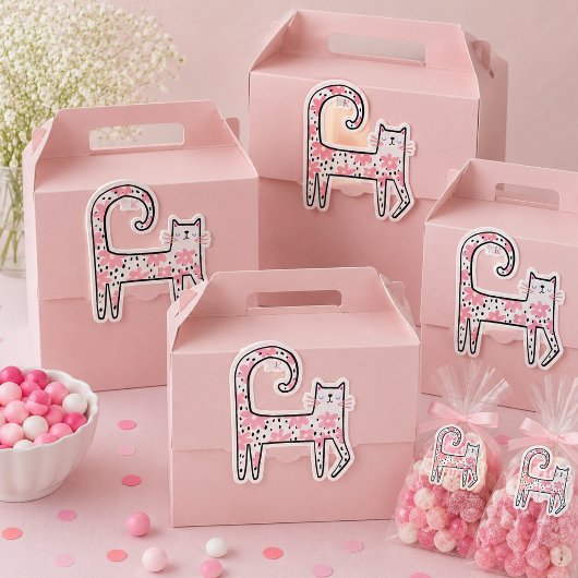愛らしいピンクの花柄の猫 シンクピンク シール