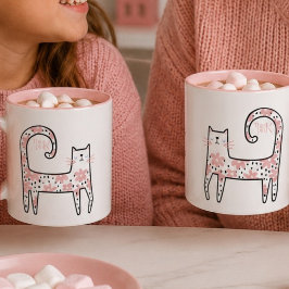愛らしいピンクの花柄の猫、ピンクに染まる マグカップ