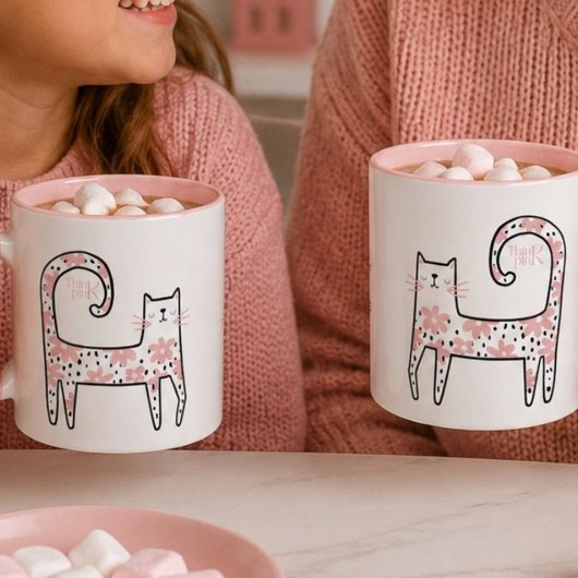 愛らしいピンクの花柄の猫、ピンクに染まる マグカップ