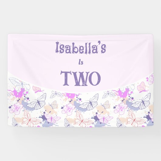 愛らしいピンクの蝶誕生日ガールズバナー 横断幕 (横)