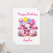 愛らしいピンクの誕生日ゾウと風船 カード (正面/裏面インサイチュ)