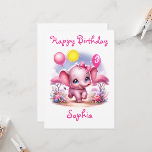 愛らしいピンクの誕生日ゾウと風船 カード (正面/裏面インサイチュ)