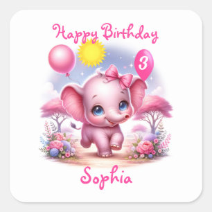 愛らしいピンクの誕生日ゾウと風船 スクエアシール