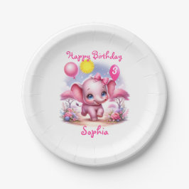 愛らしいピンクの誕生日ゾウと風船 ペーパープレート