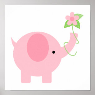 愛らしいピンクの象と花 ポスター