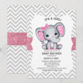 愛らしいピンクの象のシェブロン グリッター ベビーシャワー 招待状 (正面/裏面)
