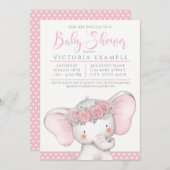 愛らしいピンクの赤ちゃん女の子エレファントベビーシャワー 招待状 (正面/裏面)