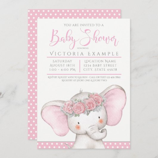 愛らしいピンクの赤ちゃん女の子エレファントベビーシャワー 招待状 (正面/裏面)