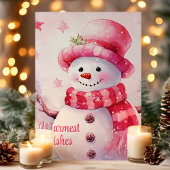 愛らしいピンクの雪だるまのクリスマスカード シーズンカード