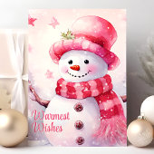 愛らしいピンクの雪だるまのクリスマスカード シーズンカード