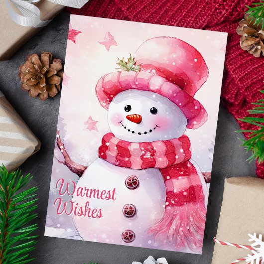 愛らしいピンクの雪だるまのクリスマスカード シーズンカード