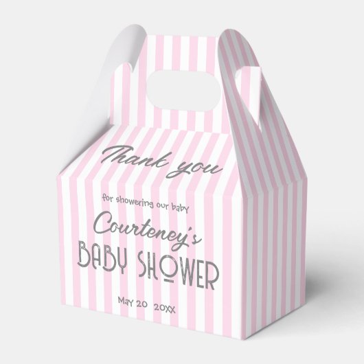 愛らしいピンクストライプのの赤ちゃんシャワー招待状 フェイバーボックス (正面サイド)
