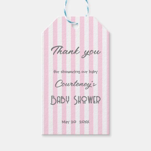 愛らしいピンクストライプのの赤ちゃんシャワー ギフトタグ (正面)