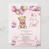 愛らしいピンクバルーンテディガールベビーシャワー 招待状 (正面)