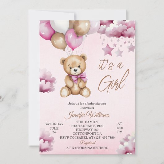 愛らしいピンクバルーンテディガールベビーシャワー 招待状 (正面)