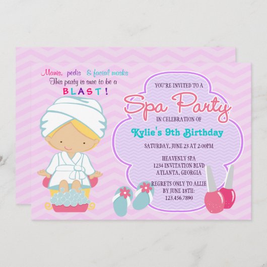 愛らしいピンクパープルスパの誕生日パーティー 招待状 (正面/裏面)