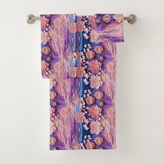 愛らしいピンクパープルパステルフローラ切り出しパターン バスタオルセット (インサイチュ)