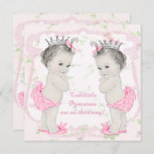 愛らしいピンクプリンセスツインベビーシャワー 招待状 (正面/裏面)