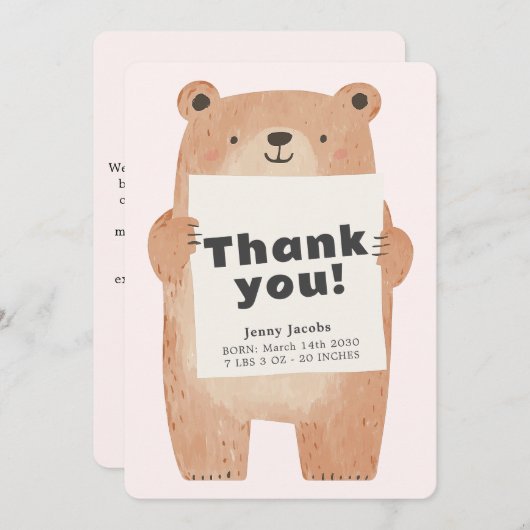 愛らしいピンクベアベビー発表ありがとう 招待状 (正面/裏面)