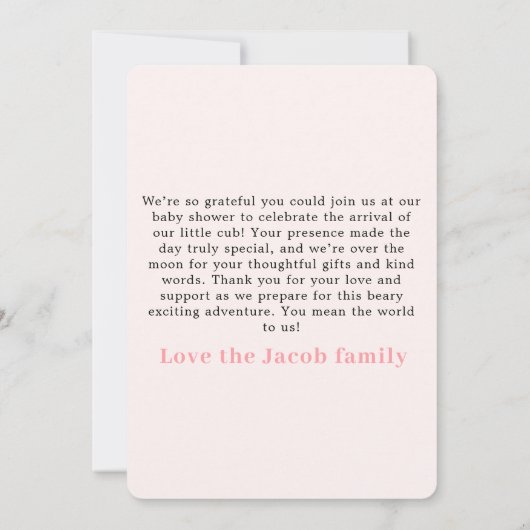 愛らしいピンクベアベビー発表ありがとう 招待状 (裏面)