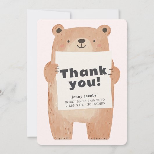 愛らしいピンクベアベビー発表ありがとう 招待状 (正面)