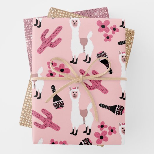 愛らしいピンクホワイトラママラカサボスフローラ ラッピングペーパーシート (インサイチュ)