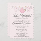 愛らしいピンク&グレーベビーガールシャワー招待状 招待状 (正面/裏面)