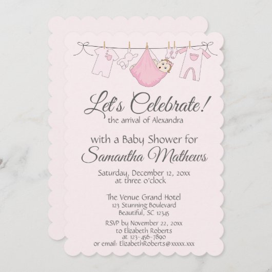 愛らしいピンク&グレーベビーガールシャワー招待状 招待状 (正面/裏面)