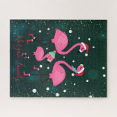 愛らしいファミリーフラミンゴスサンタハットグリーン ジグソーパズル (横)