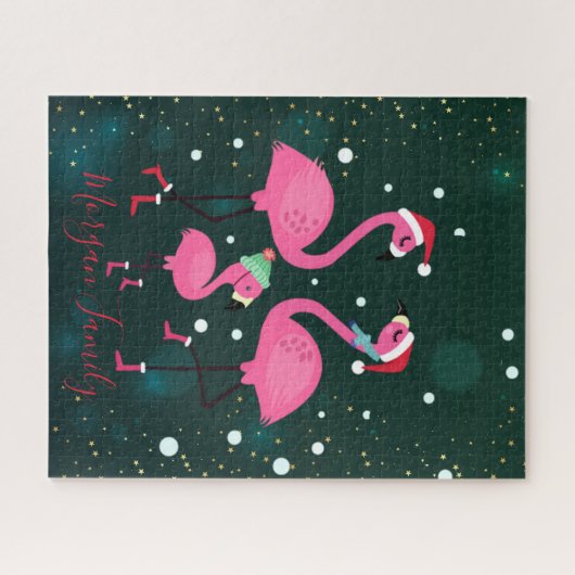 愛らしいファミリーフラミンゴスサンタハットグリーン ジグソーパズル (横)