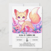 愛らしいファンタジーキツネ第1誕生日 招待状 (正面)