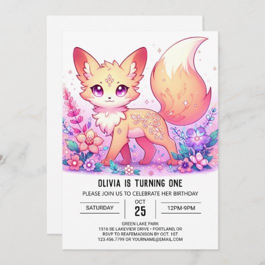 愛らしいファンタジーキツネ第1誕生日 招待状 (正面/裏面)