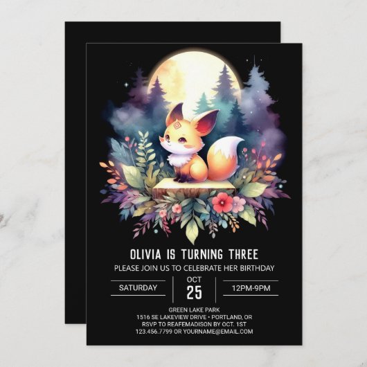 愛らしいファンタジーキツネ誕生日デジタル 招待状 (正面/裏面)