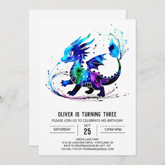 愛らしいファンタジードラゴンデジタルボーイ誕生日 招待状 (正面/裏面)