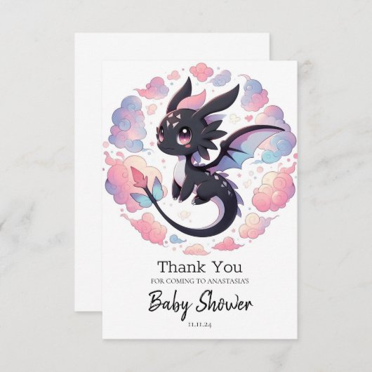 愛らしいファンタジードラゴンベビーシャワー サンキューカード (正面/裏面)