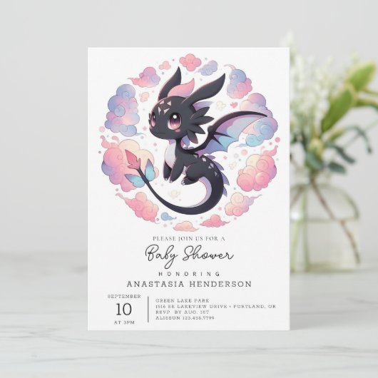 愛らしいファンタジードラゴンベビーシャワー 招待状 (スタンド正面)