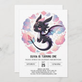 愛らしいファンタジードラゴン1歳の誕生日 招待状 (正面/裏面)