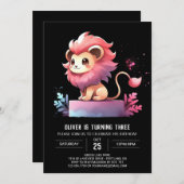 愛らしいファンタジーライオン誕生日 招待状 (正面/裏面)