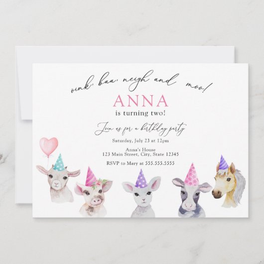 愛らしいファームアニマルズガール誕生日招待状 招待状 (正面)