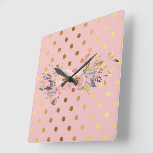 愛らしいフェイク金ゴールド水玉模様花 スクエア壁時計 (傾斜)