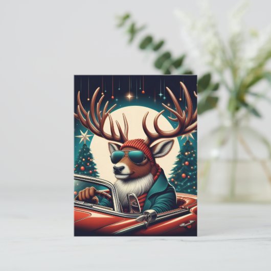愛らしいフェスティバルトナカイ駆動クラシック車 ポストカード (スタンド正面)
