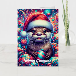 愛らしいフェスティブクリスマスカワウソ 箔グリーティングカード