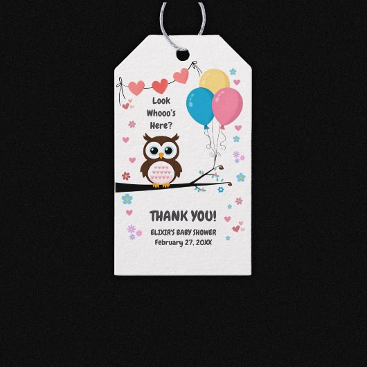 愛らしいフクロウと風船&ハート赤ちゃんシャワー ギフトタグ