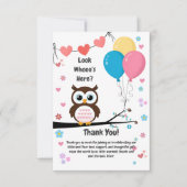 愛らしいフクロウと風船&ハート赤ちゃんシャワー サンキューカード (正面)